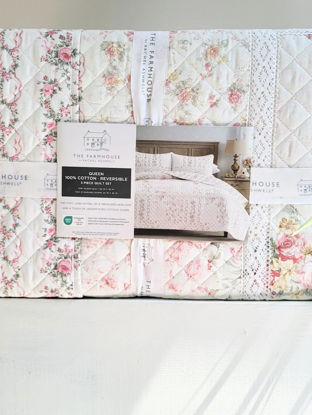 The Farmhouse by Rachel Ashwell QUEEN 3pc Ribbon Quilt Set Cottagecore Pink